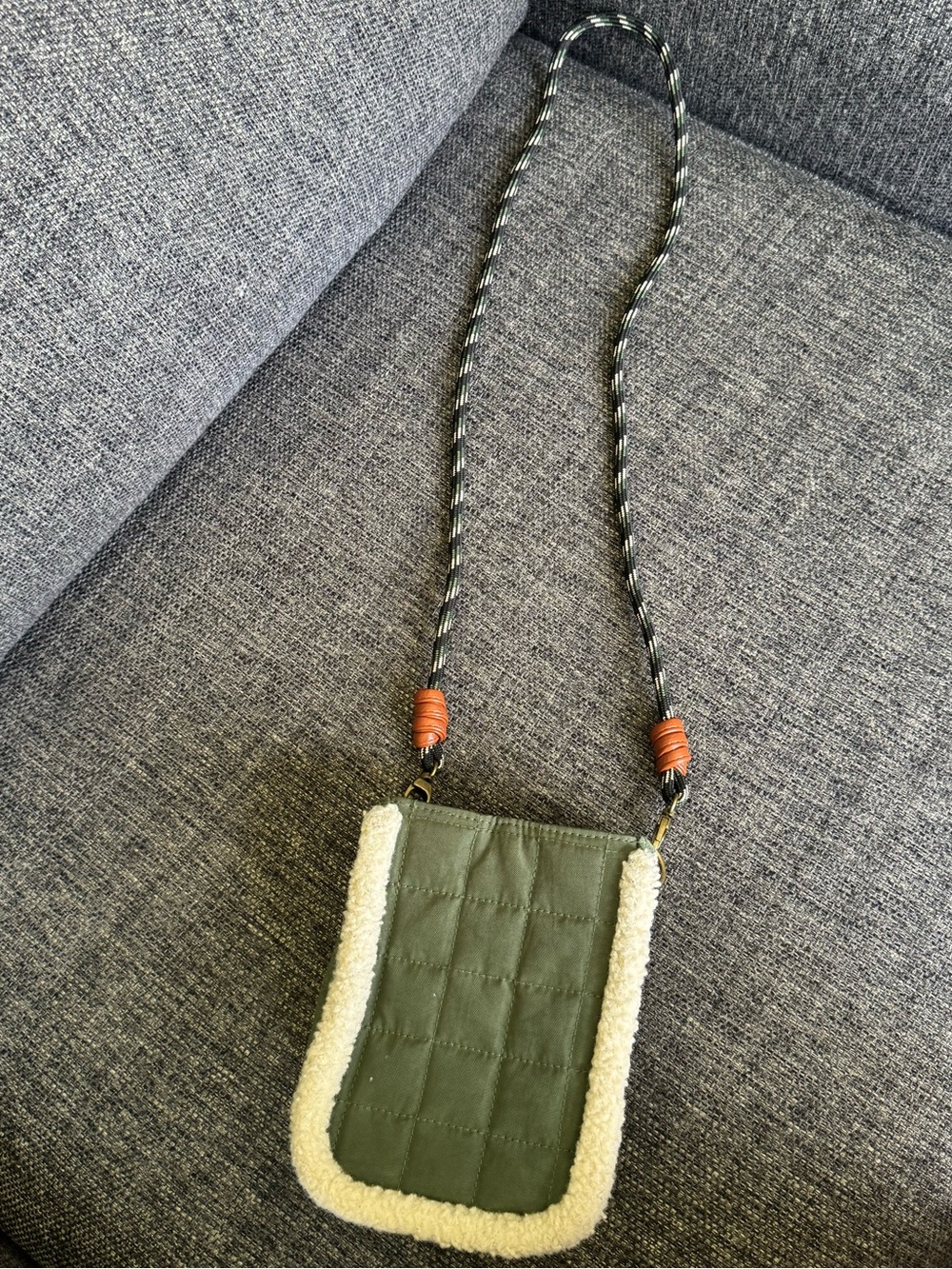 Quilted Olive Crossbody Pouch with Cream Sherpa Trim